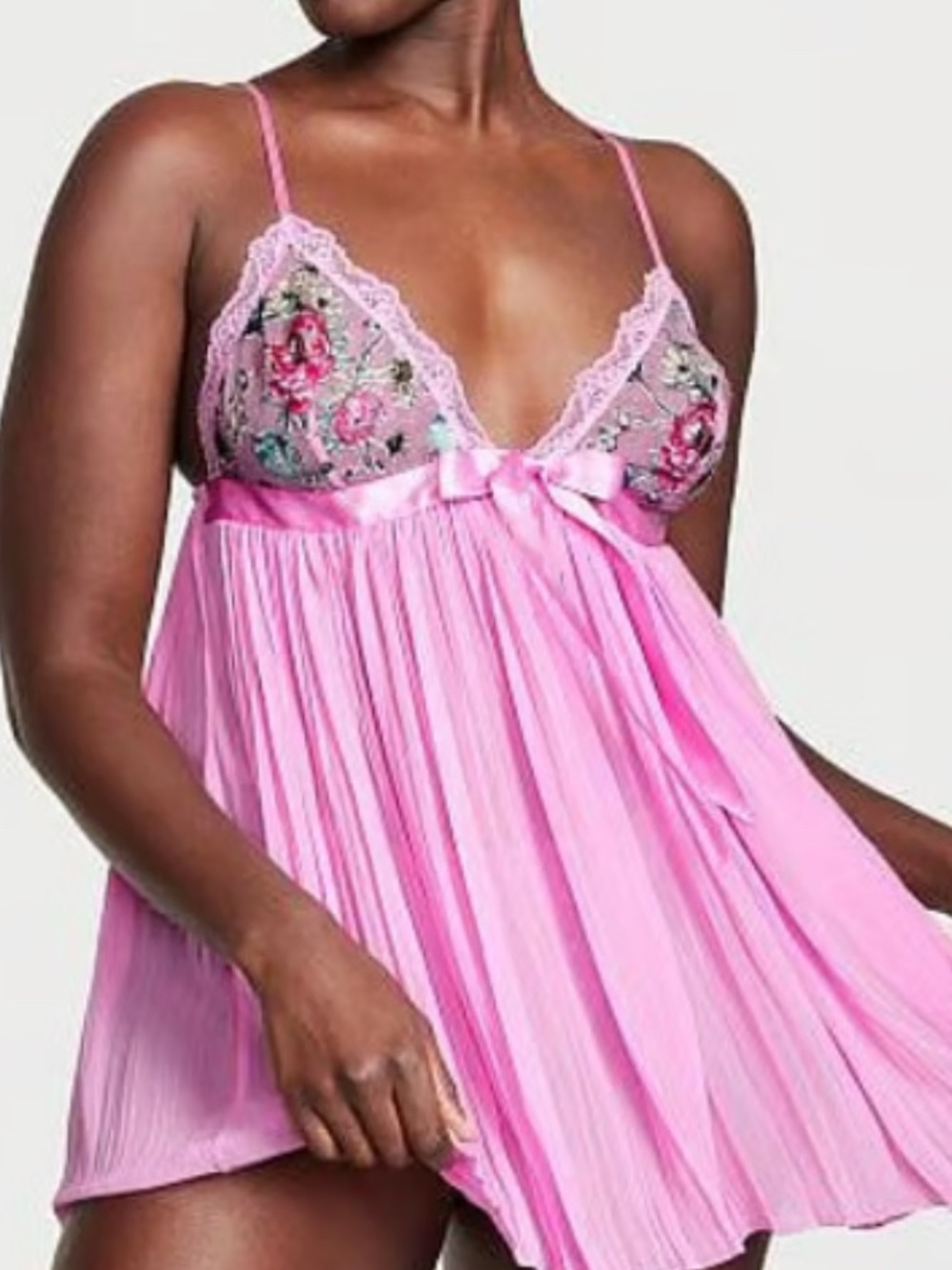 Victoria's Secret Pink Floral Lace-Trim Satin Bow Chemise
